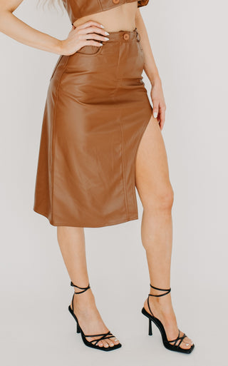 Faux Leather Open Slit Midi Skirt
